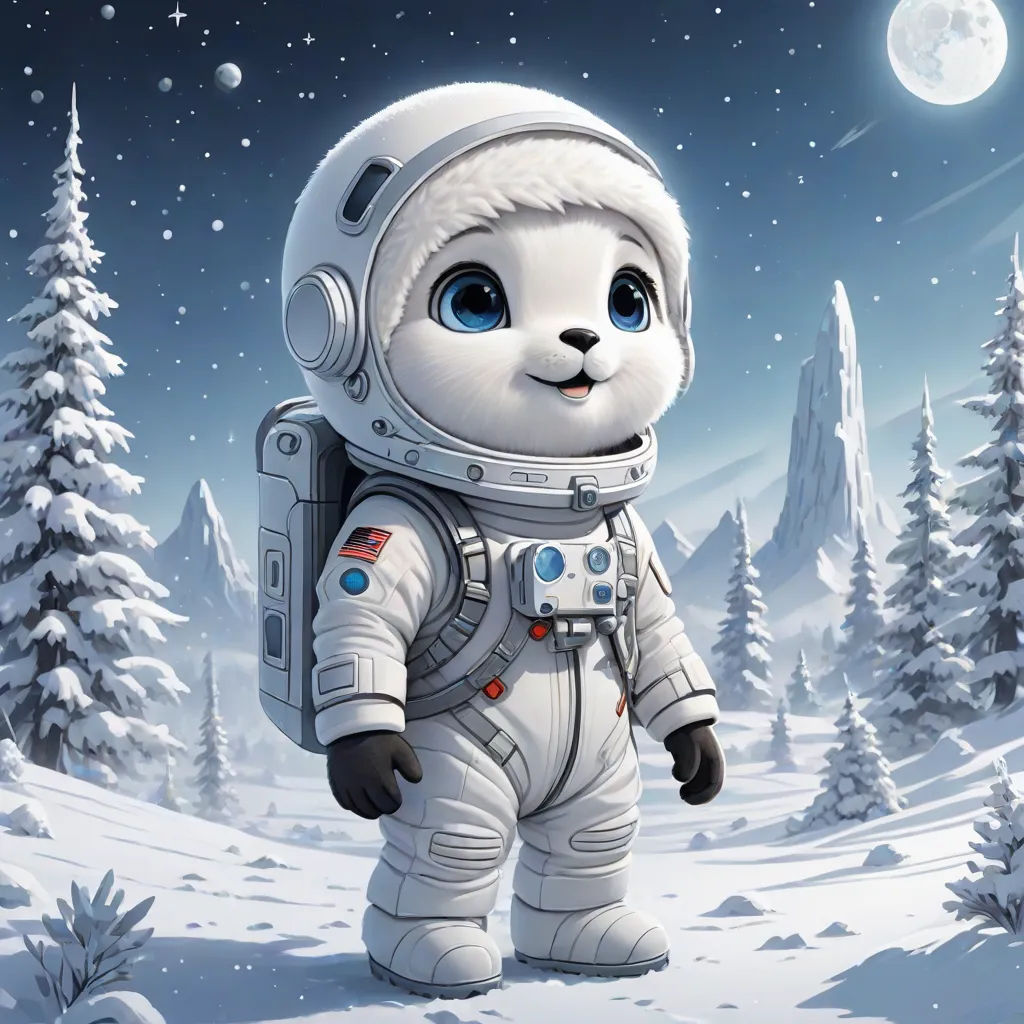 a cartoon of a panda in a space suit standing in the snow with a full moon in the background, space art, a storybook illustration, Chris LaBrooy, highly detailed digital painting