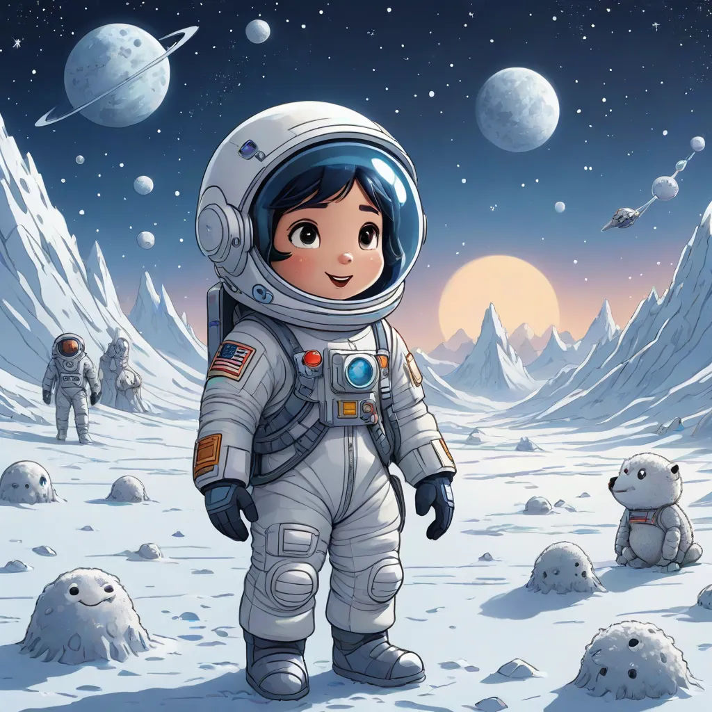a cartoon of a boy in an astronaut suit standing in the snow with a polar bear nearby and a planet in the background, space art, a storybook illustration, Diego Gisbert Llorens, space