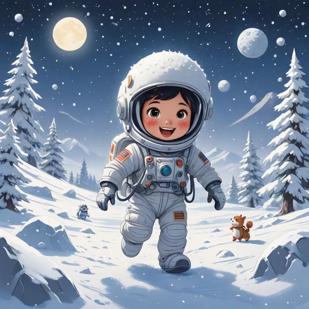 a cartoon of a boy in an astronaut suit walking through a snowy landscape with a teddy bear in the foreground, space art, a storybook illustration, Aaron Jasinski, yukito kishiro