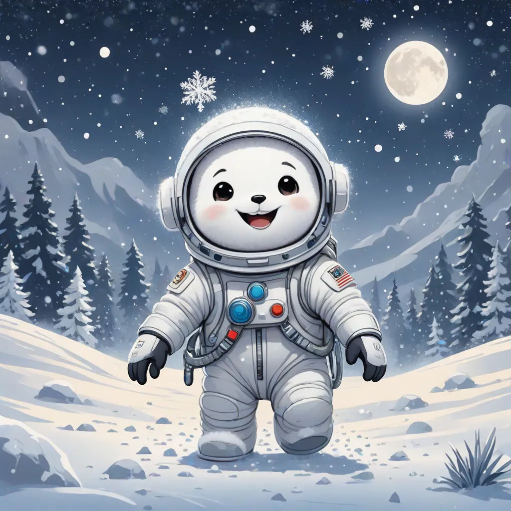 a cartoon character in an astronaut suit standing in the snow with a full moon in the background and trees, space art, a storybook illustration, Chris LaBrooy, 4 k hd wallpaper