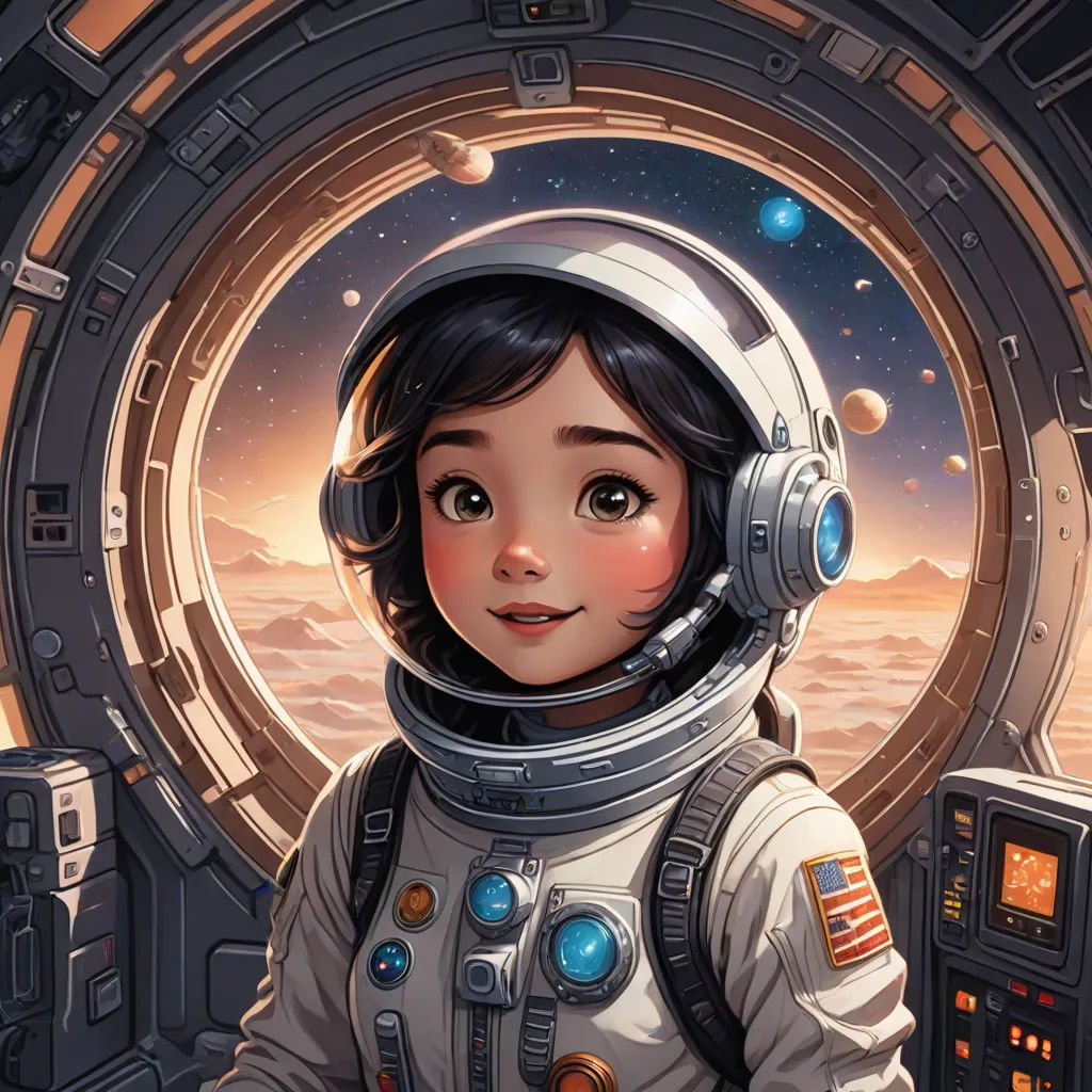 a girl in a space suit standing in front of a window with planets in the background and a planet in the background, space art, a storybook illustration, Aaron Jasinski, trending on art station
