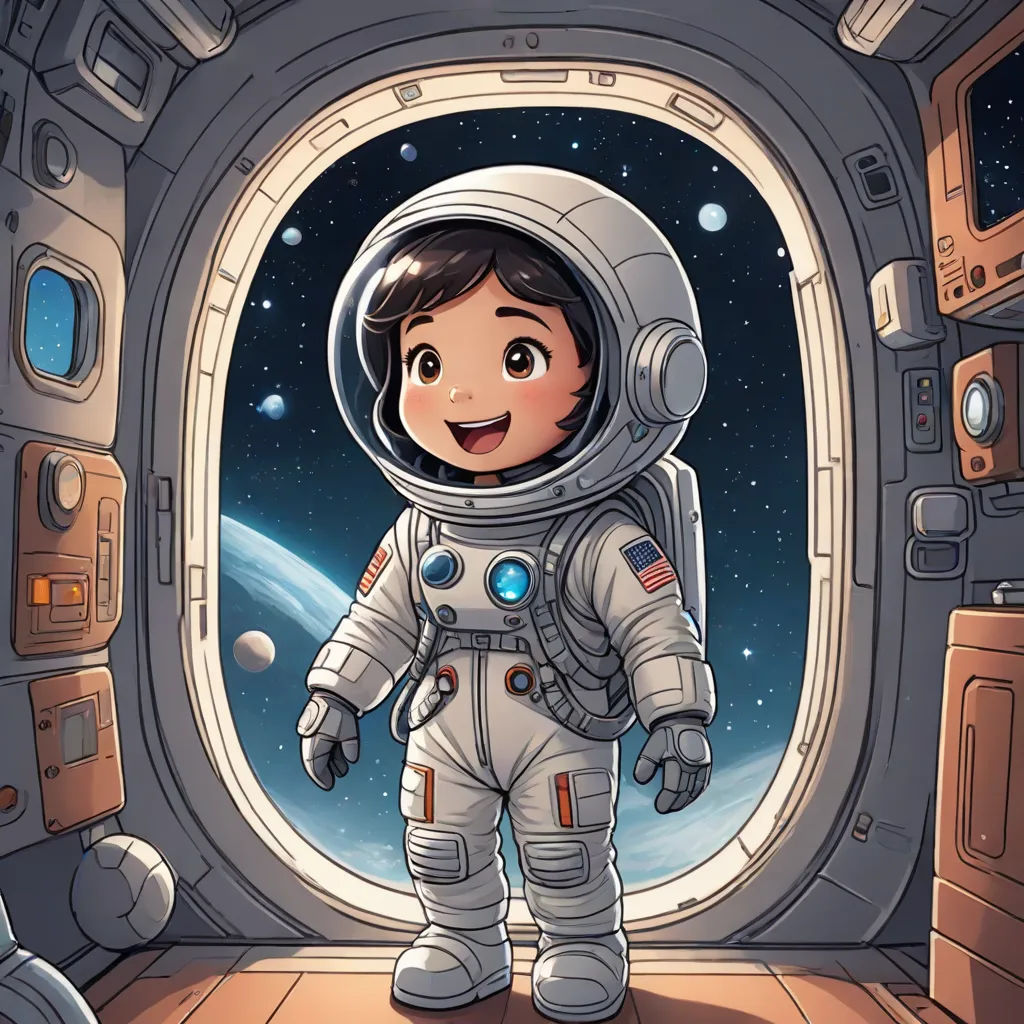 a cartoon of a boy in a space suit standing in a doorway of a space station with a planet in the background, space art, a storybook illustration, Diego Gisbert Llorens, yukito kishiro