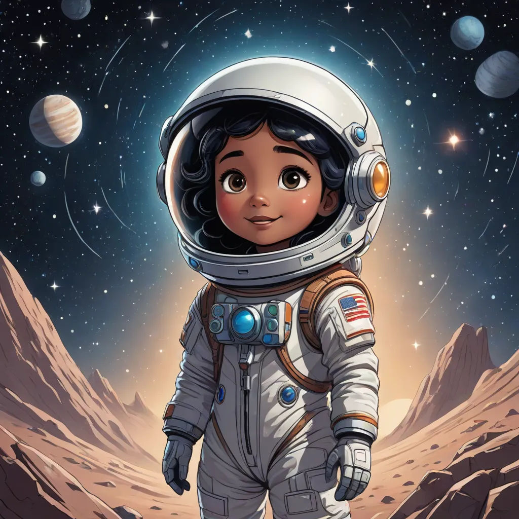 a cartoon of a young girl in a space suit standing on a rocky surface with planets in the background, space art, a storybook illustration, Alson S. Clark, promotional image
