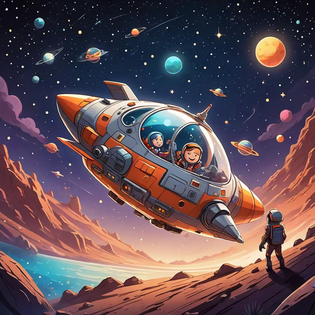 a man standing on a mountain looking at a spaceship in the sky with planets in the background and a man standing on the ground, space art, a storybook illustration, Dan Mumford, josan gonzales and dan mumford