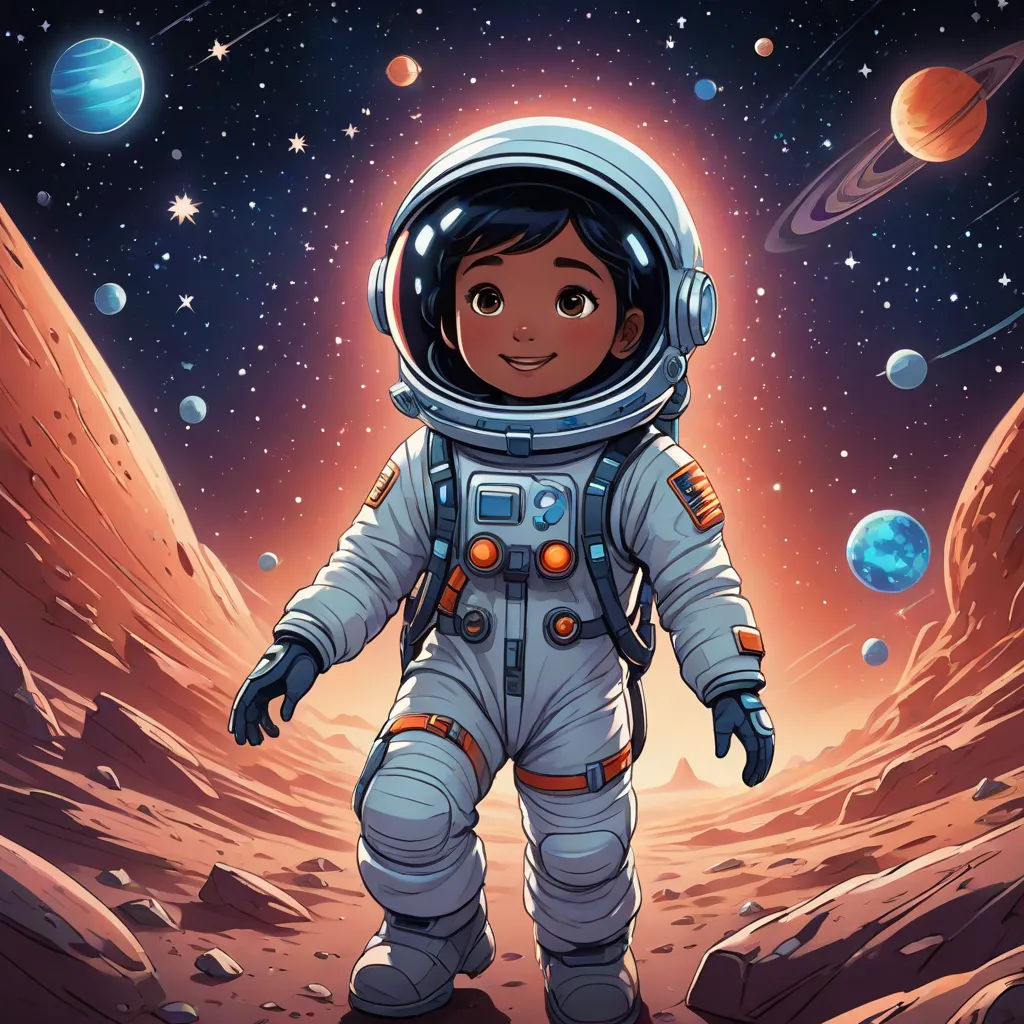 a cartoon of a boy in an astronaut suit standing on a rocky surface with planets in the background and a bright red glow, space art, a storybook illustration, Felix-Kelly, promotional image