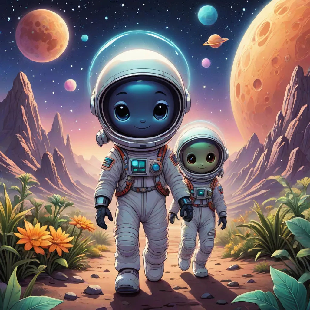 two astronauts walking through a desert with mountains in the background and planets in the sky above them, with a bright sun and stars in the background, space art, a storybook illustration, Aaron Jasinski, josan gonzales and dan mumford
