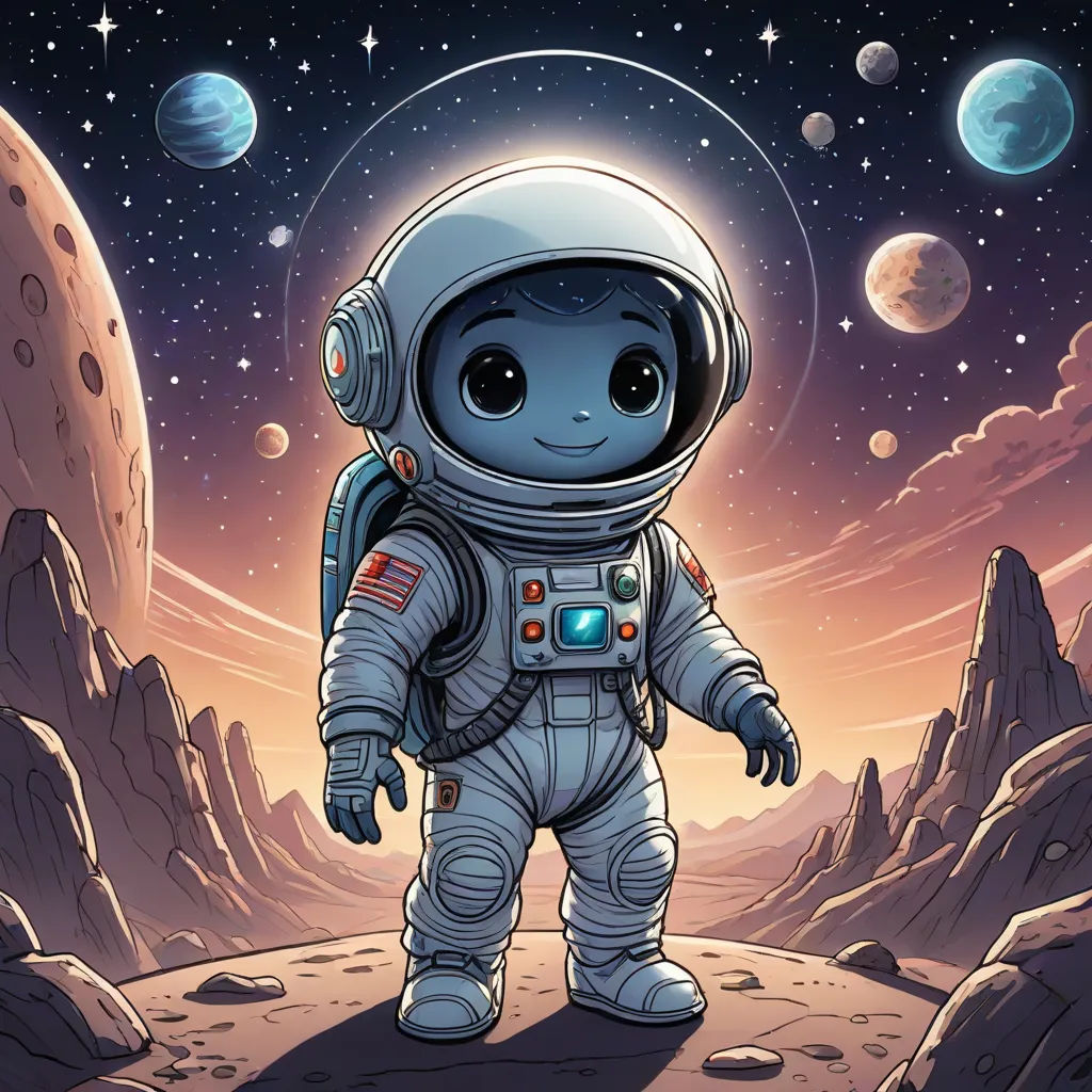 a cartoon of an astronaut standing on a planet with mountains and planets in the background, with a bright blue sky and stars, space art, a storybook illustration, Aaron Jasinski, josan gonzales and dan mumford