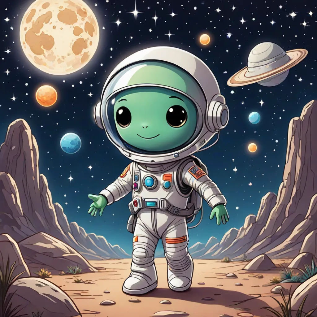 a cartoon character in an astronaut suit standing on a desert area with planets in the background and a full moon in the sky, space art, concept art, Chris LaBrooy, space