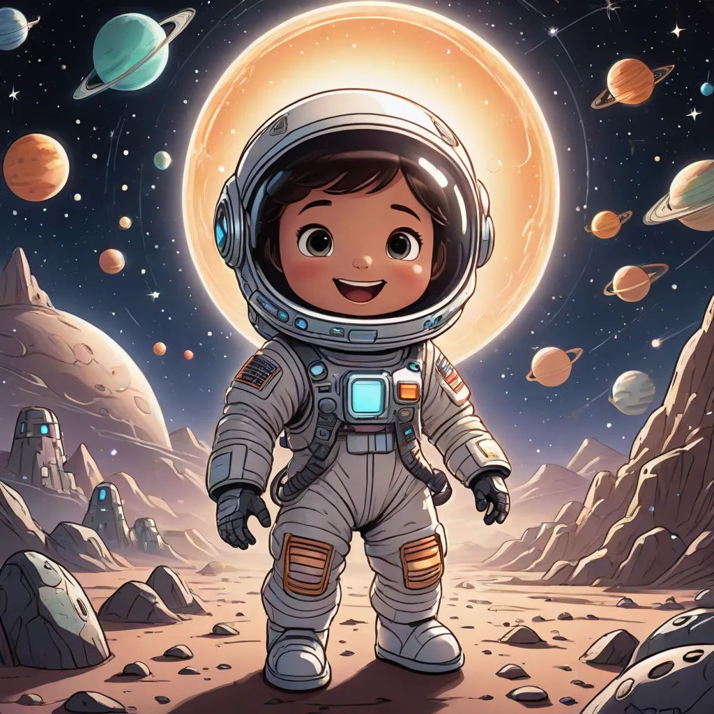 a cartoon of a boy in an astronaut suit standing on a planet with planets in the background and a full moon in the sky, space art, a storybook illustration, Diego Gisbert Llorens, space