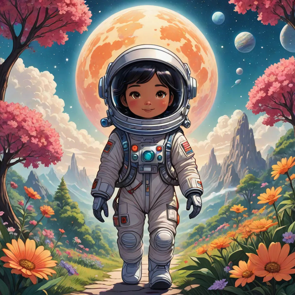 a cartoon character in a space suit walking through a forest with flowers and trees in the background, with a full moon in the sky, space art, poster art, Aaron Jasinski, josan gonzales and dan mumford