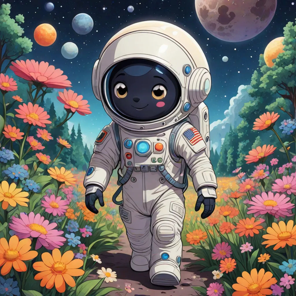 a cartoon character in an astronaut suit walking through flowers and planets in the background with a full moon in the sky, space art, poster art, Chris LaBrooy, official art