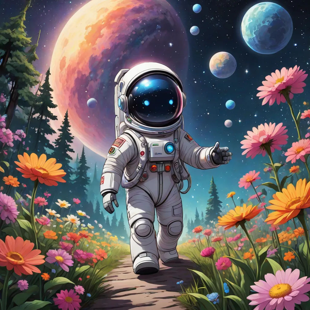 a painting of an astronaut walking through a field of flowers and planets in the background with a path leading to the moon, space art, a painting, Chris LaBrooy, josan gonzales and dan mumford