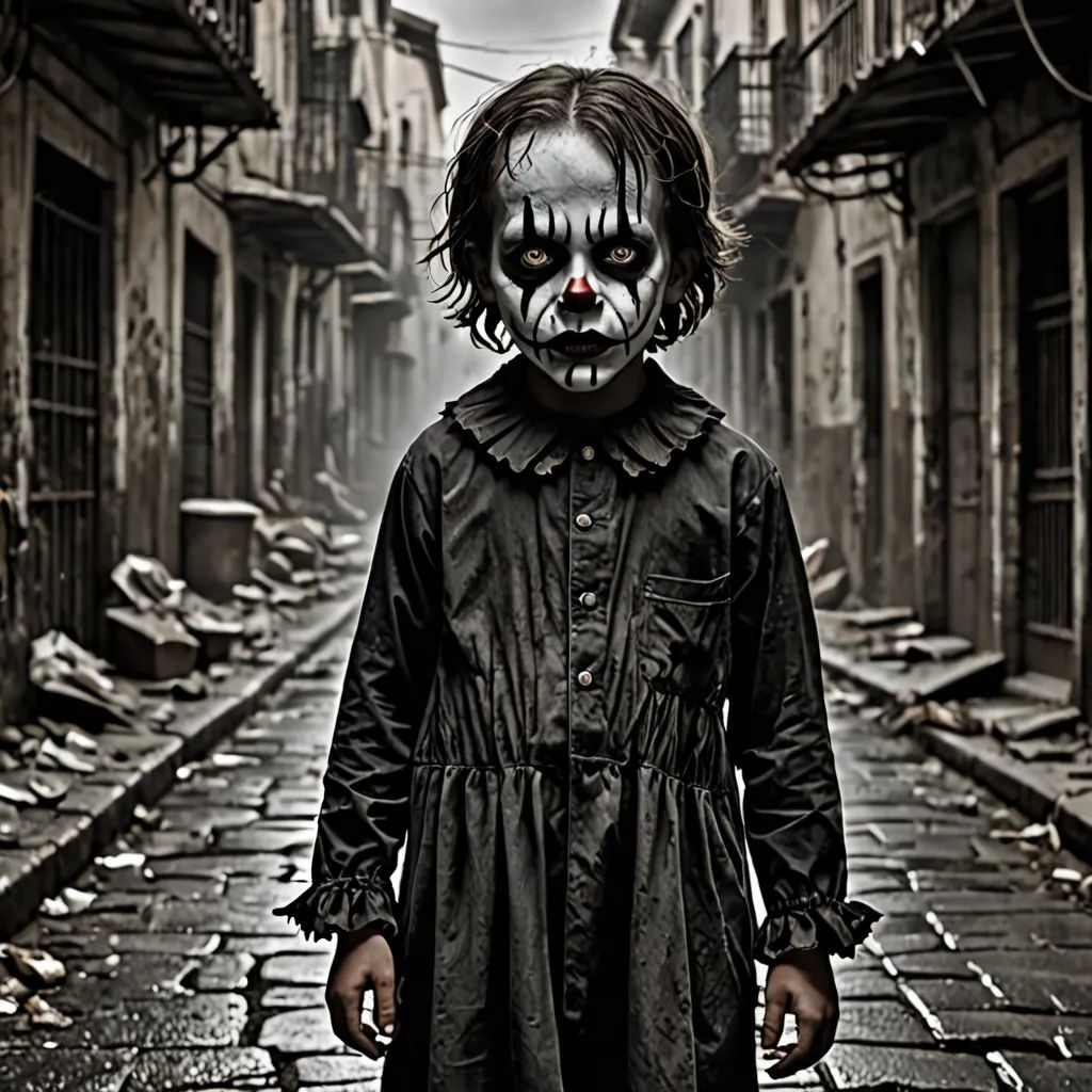 a creepy clown with a creepy face standing in a street with a building in the background and a person in the foreground, a character portrait, sinister, art photography, Dirk Crabeth