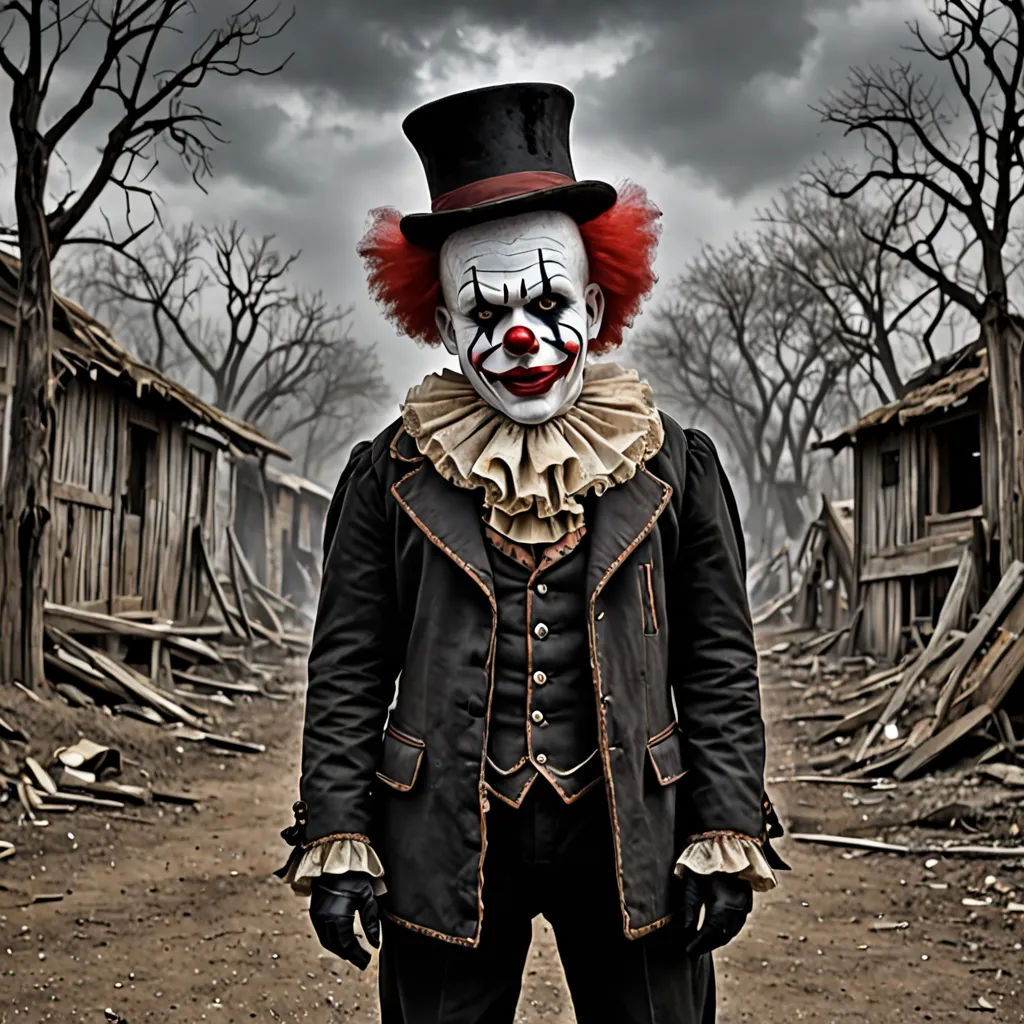 a creepy clown standing in a dirt road with a creepy house in the background and a creepy sky in the background, a colorized photo, promotional image, gothic art, Dirk Crabeth