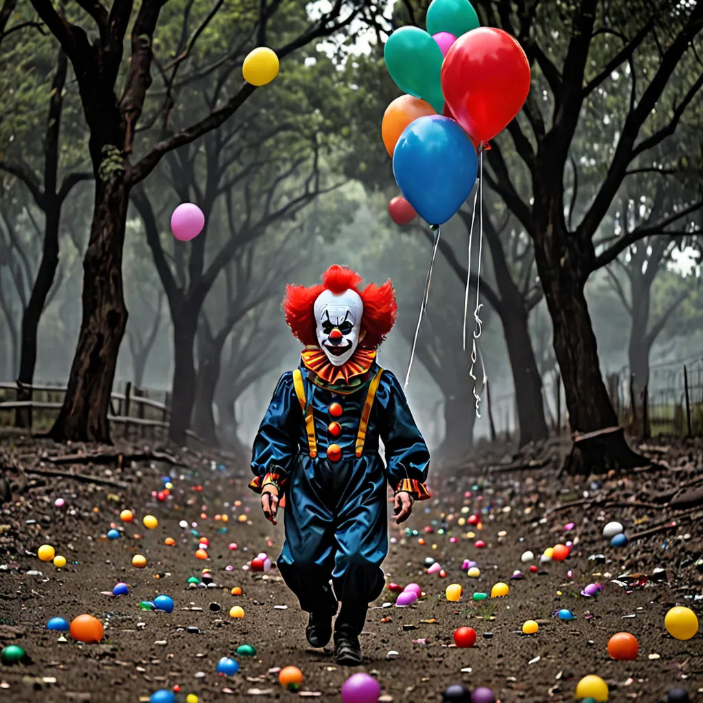 a clown walking down a path with balloons in the air and a clown mask on his face and a clown mask on his head, a colorized photo, creepy, art photography, Dirk Crabeth