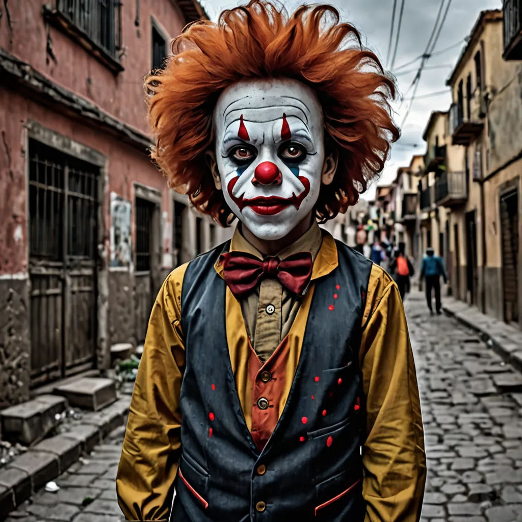a clown with red hair and a clown mask on walking down a street in a town with people walking by, a character portrait, portrait photography, art photography, Daniel Lieske