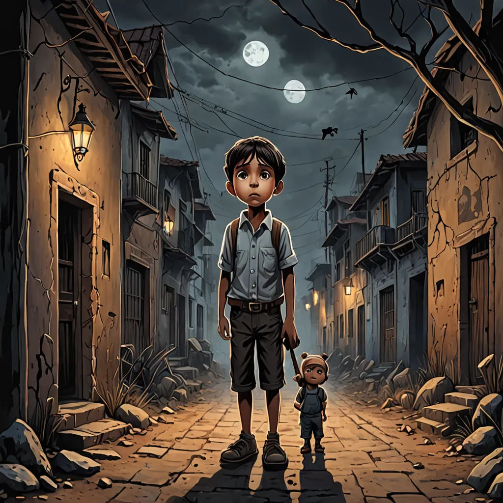 a boy and a boy walking down a street at night with a full moon in the background and a dark sky, a storybook illustration, comic cover art, serial art, Diego Gisbert Llorens