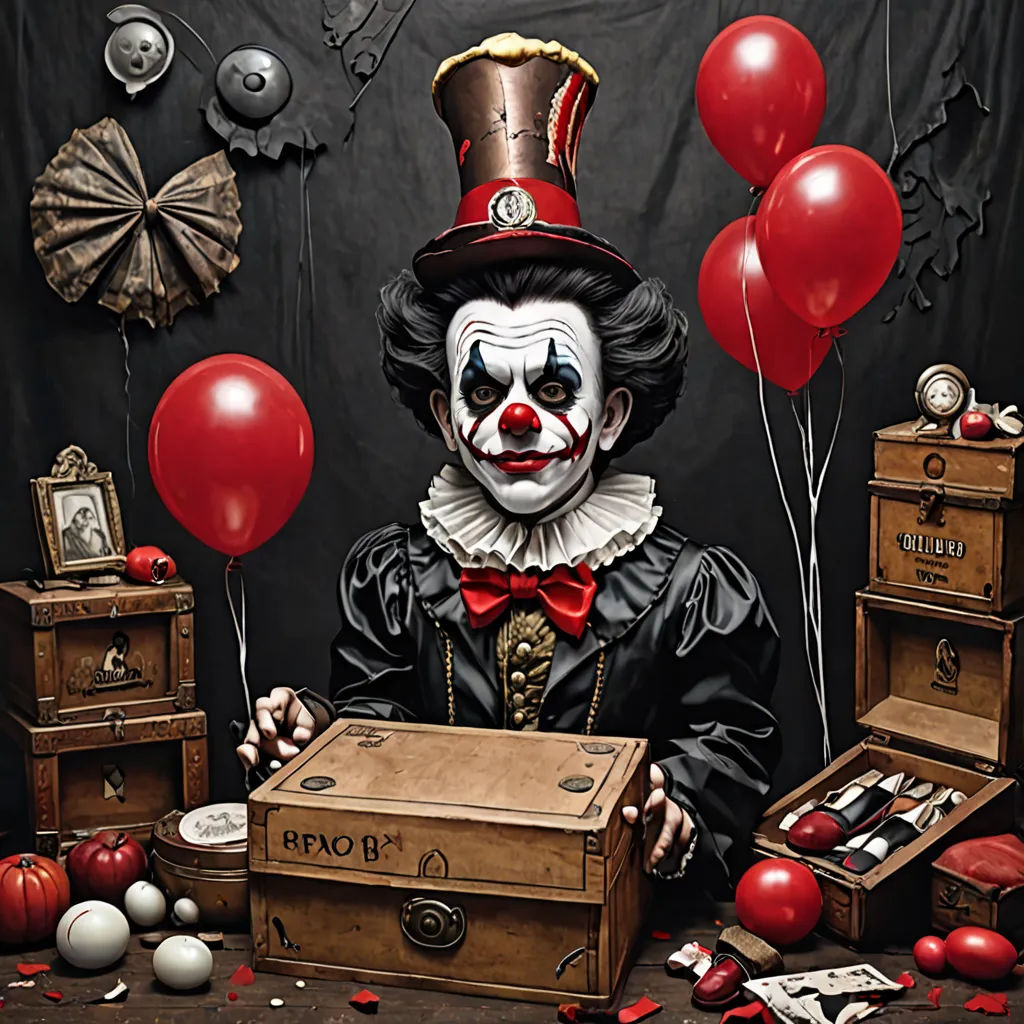 a painting of a clown with a box and balloons in front of it and a bunch of other items, an airbrush painting, dark art, pop surrealism, Dirk Crabeth
