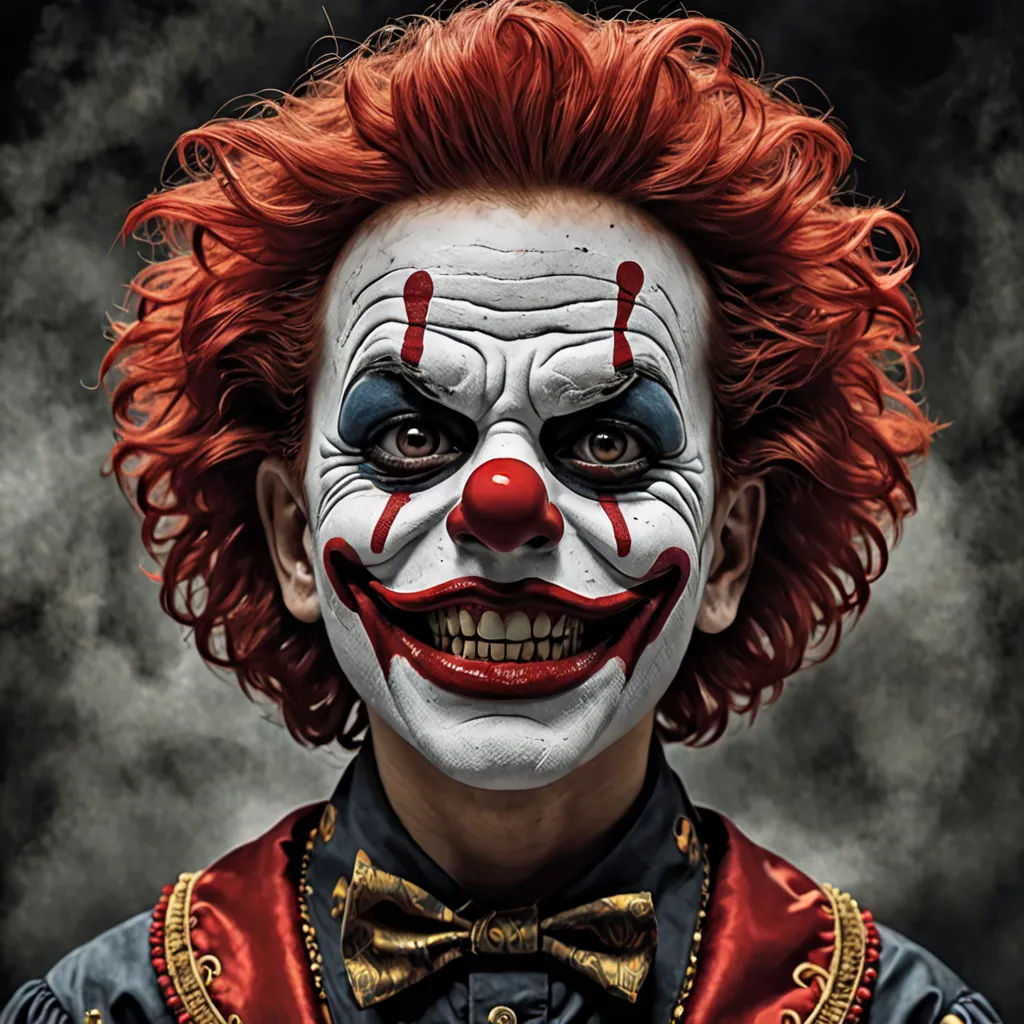 a man with red hair and a clown makeup looks at the camera with a creepy look on his face, a photorealistic painting, ultra realistic digital art, shock art, Arie Smit