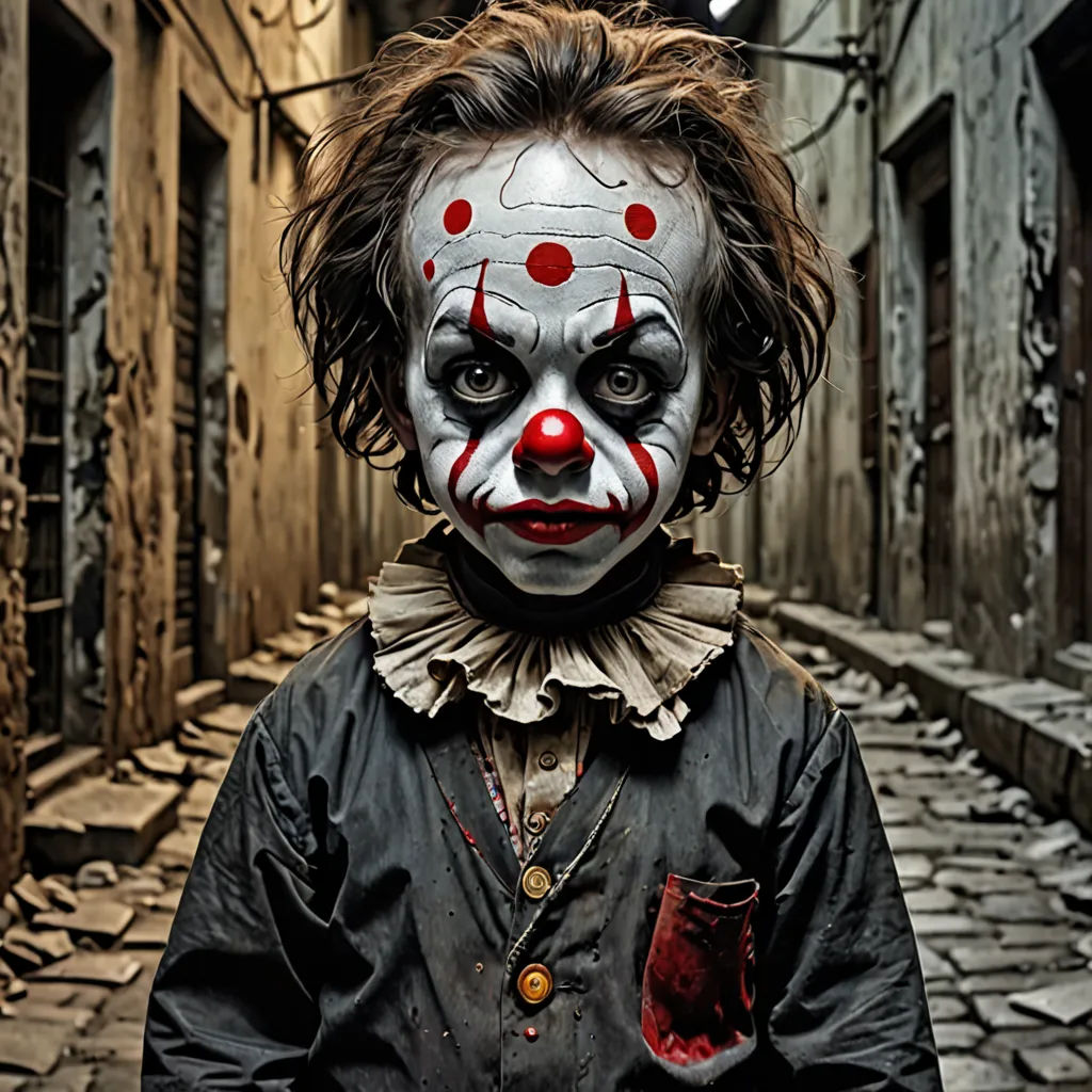 a creepy clown with a red nose and white makeup is standing in a alleyway with a brick walkway, a photorealistic painting, creepy, art photography, Dirk Crabeth
