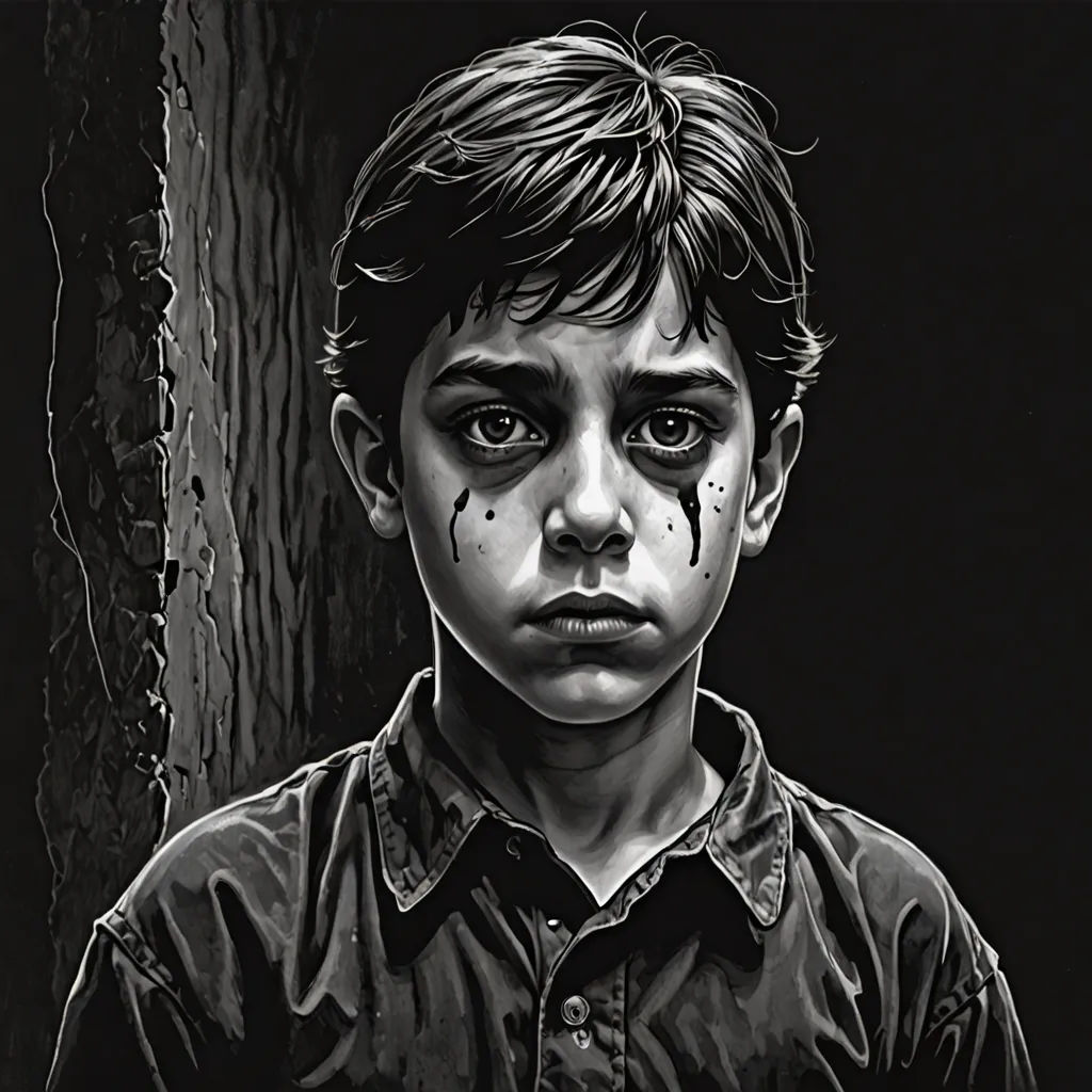 a black and white drawing of a boy with a bloody face and a knife in his mouth, with a black background, an ultrafine detailed painting, highly detailed digital painting, hyperrealism, Edward Otho Cresap Ord, II