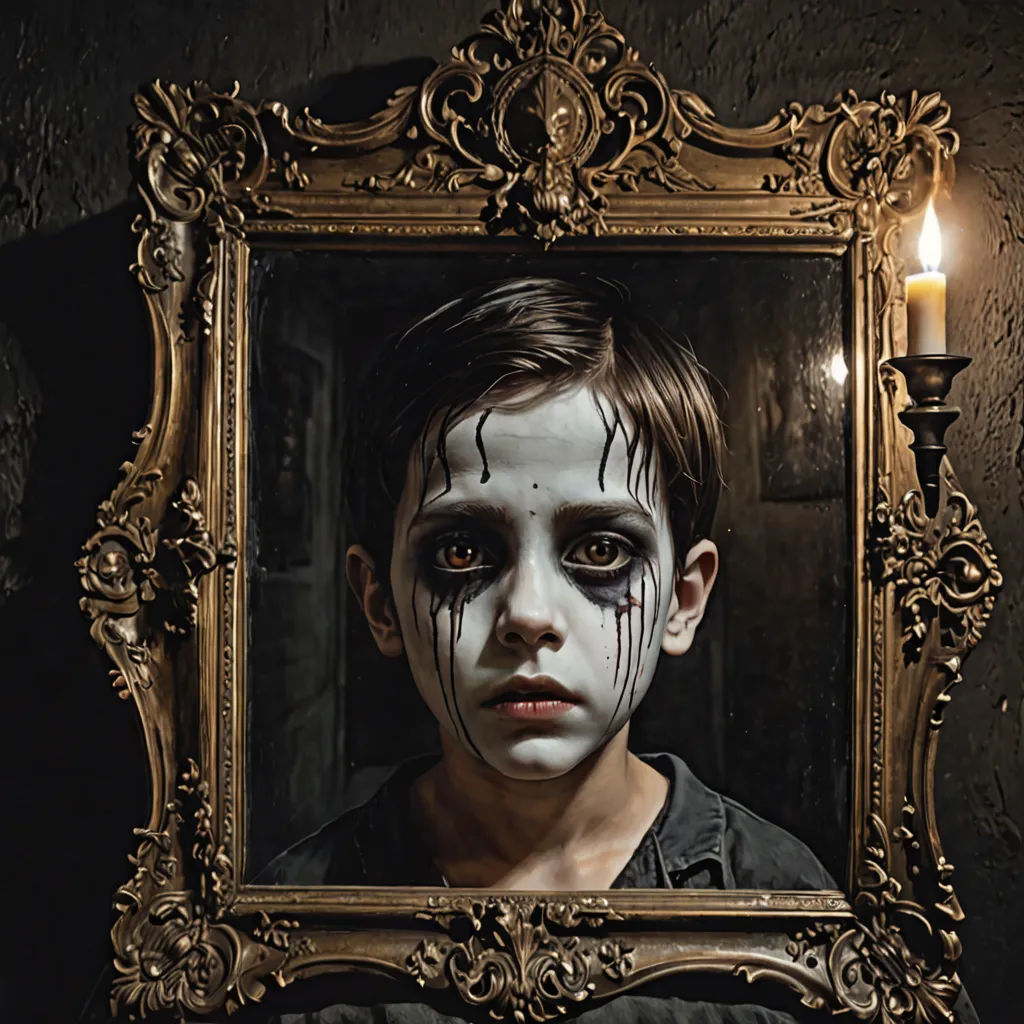a young boy with makeup on is looking in a mirror with a candle in it and a creepy face, a fine art painting, dark art, gothic art, Dirk Crabeth