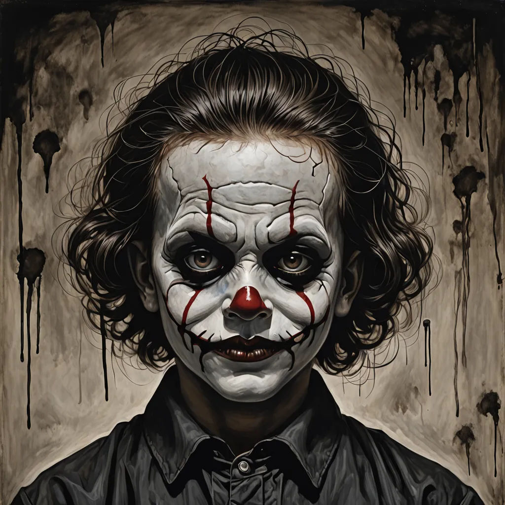 a painting of a clown with a creepy look on his face and hair, with blood dripping all over the walls, an ultrafine detailed painting, dark art, gothic art, Aaron Jasinski