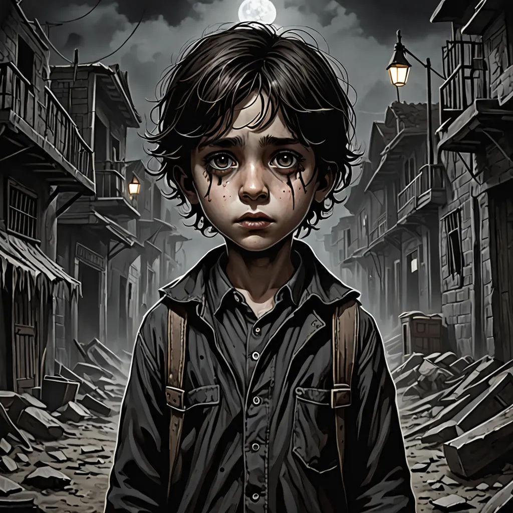 a young boy standing in a street with a creepy look on his face and a full moon in the background, a character portrait, highly detailed digital painting, gothic art, Bastien L. Deharme