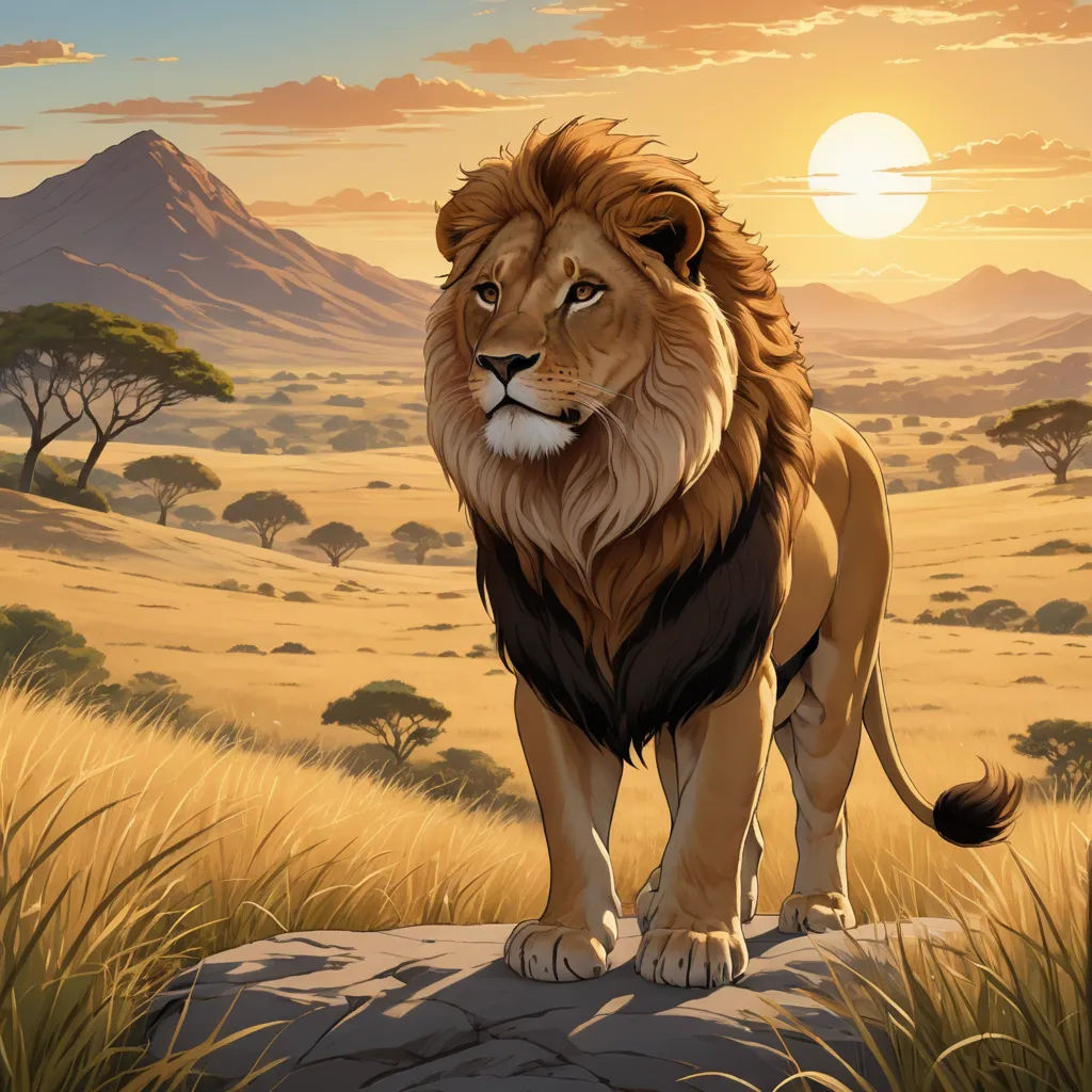 a lion standing on a rock in a field with a sunset in the background and a mountain range in the background, furry art, an airbrush painting, Chris LaBrooy, official art