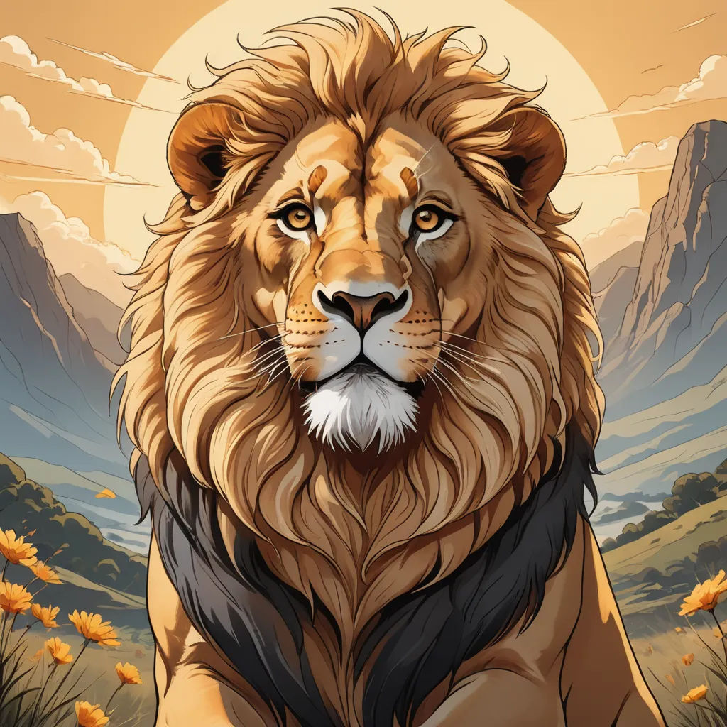 a lion with a mountain background and a sun in the background with clouds and flowers in the foreground, furry art, a digital painting, Chris LaBrooy, trending on art station