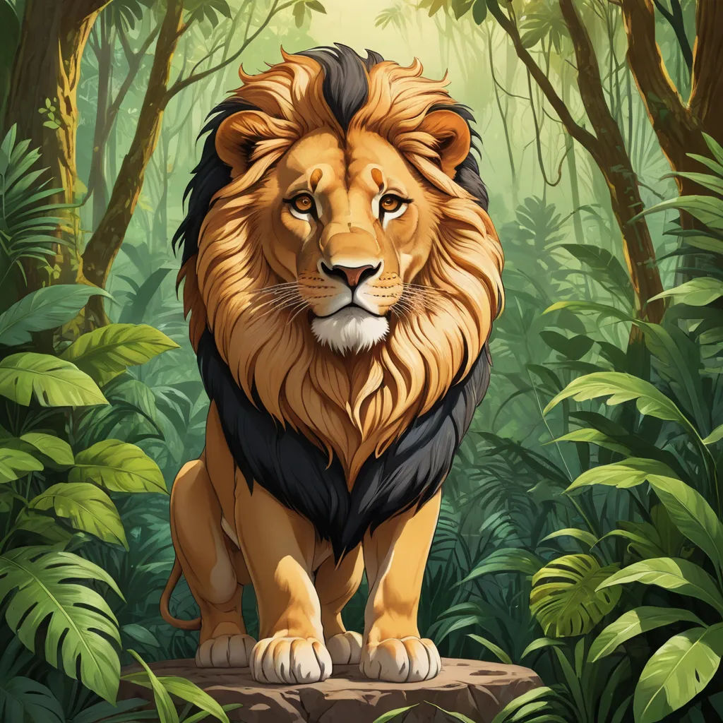 a lion standing in the middle of a jungle with trees and plants around it's edges and a bright light shining on the top of the image, lyco art, a digital painting, Chris LaBrooy, official art