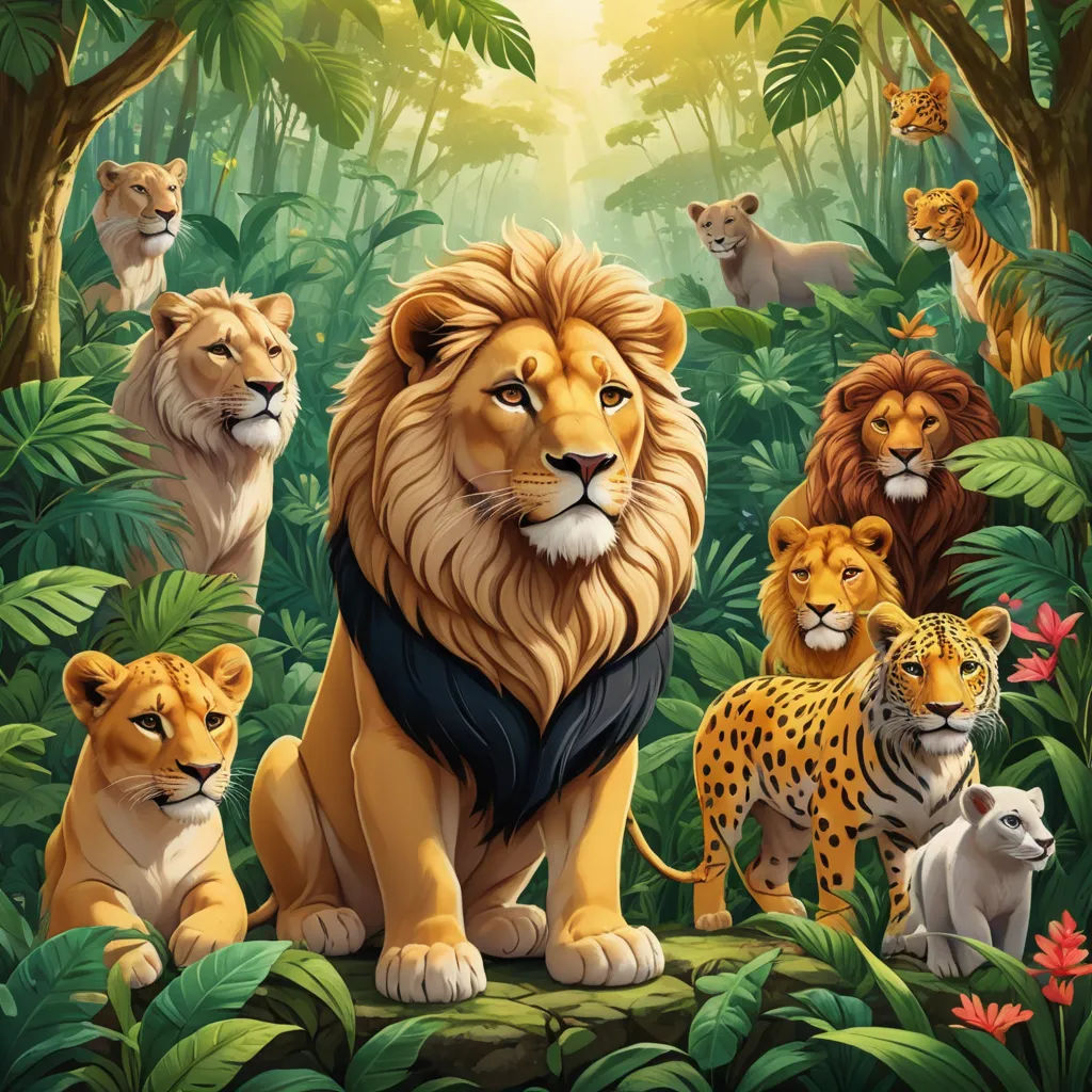 a painting of lions and other animals in a jungle setting with trees and plants around them, with a sunbeam in the background, furry art, an album cover, Chris LaBrooy, official art