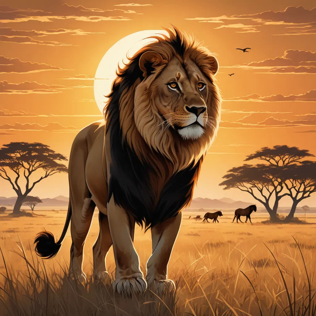 a lion standing in a field with a sunset in the background and trees in the foreground, with a bird flying in the sky, sumatraism, an airbrush painting, Chris LaBrooy, majestic