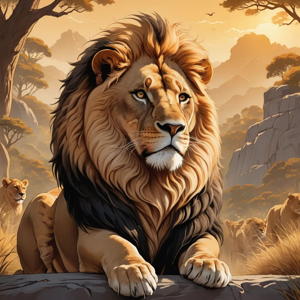 a lion sitting on a rock in a forest with other lions in the background and a sunset in the background, fantasy art, an airbrush painting, Chris LaBrooy, highly detailed digital painting