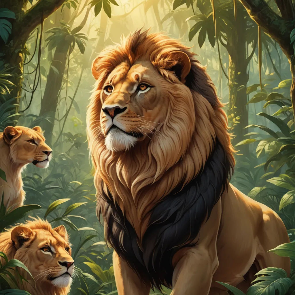 a lion and a lioness in a jungle scene with trees and bushes in the background and sunlight shining through the leaves, furry art, a digital painting, Chris LaBrooy, highly detailed digital painting