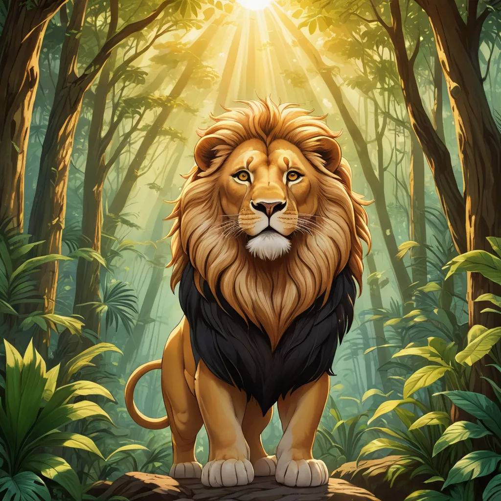 a lion standing in the middle of a forest with the sun shining through the trees behind it and a forest floor, furry art, a digital painting, Chris LaBrooy, highly detailed digital painting