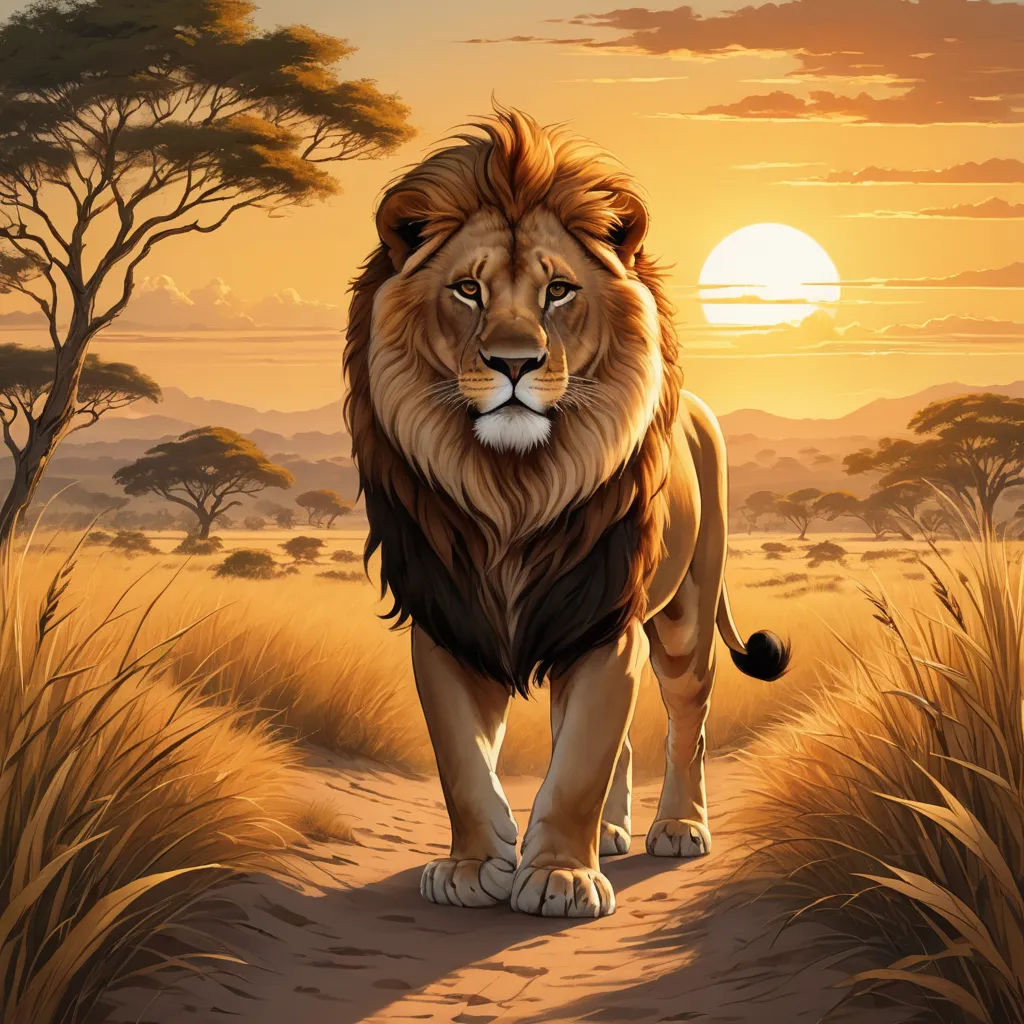a lion walking down a dirt road in the middle of a field at sunset with trees in the background, fantasy art, a digital painting, Chris LaBrooy, majestic