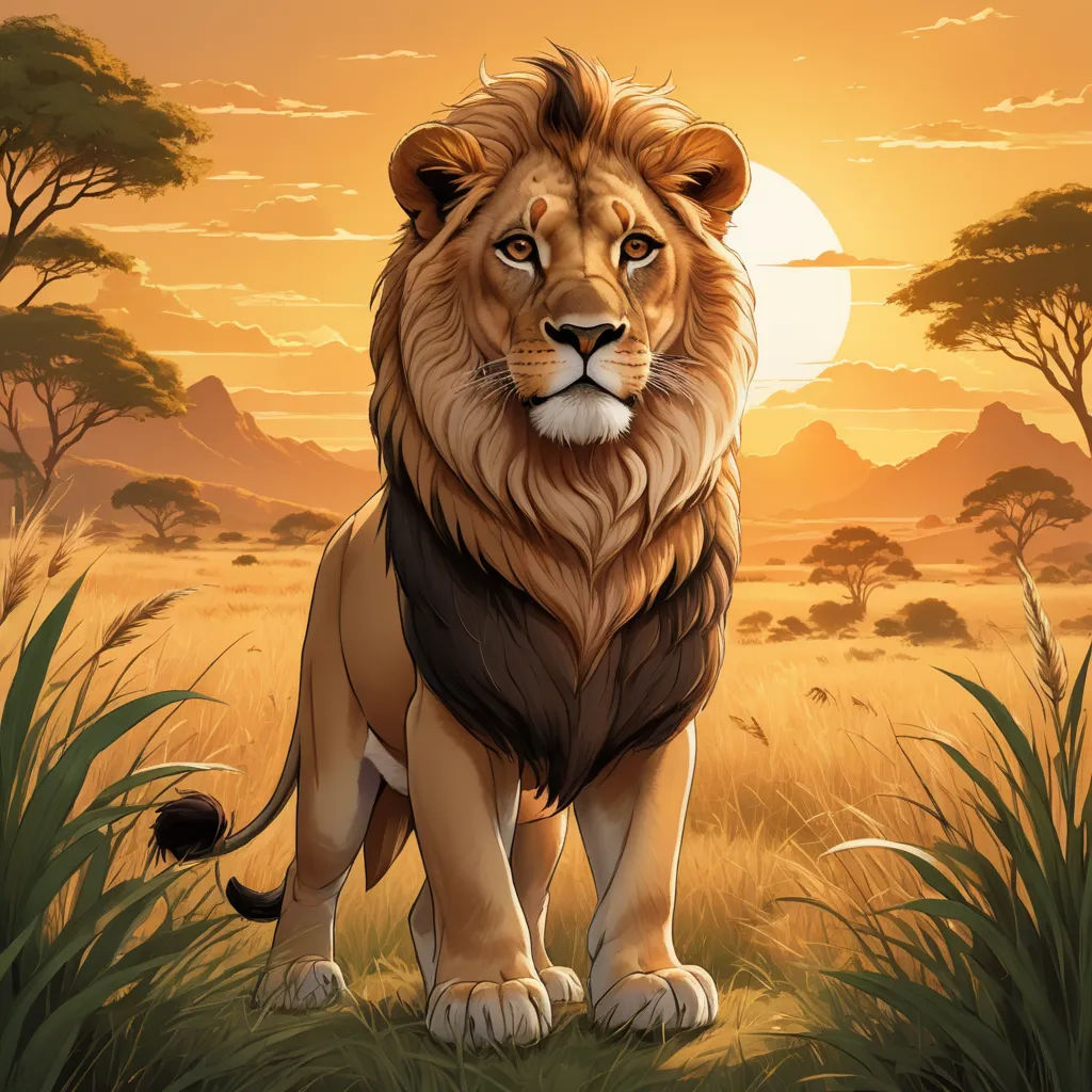 a lion standing in a field of grass with the sun setting behind it and trees in the background,, furry art, an airbrush painting, Chris LaBrooy, official art