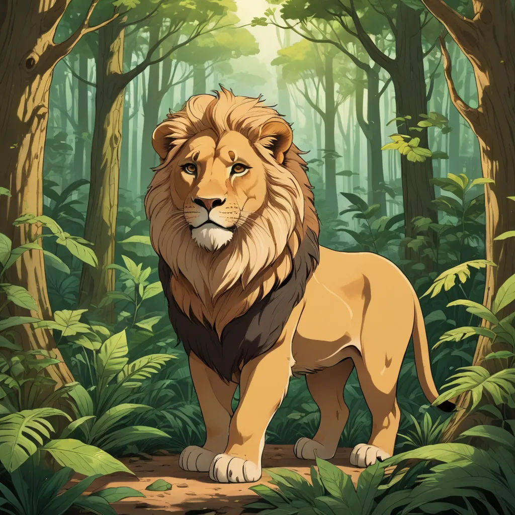 a lion standing in the middle of a forest with trees and bushes around it's edges and a sunbeam in the background, furry art, concept art, Chris LaBrooy, official art