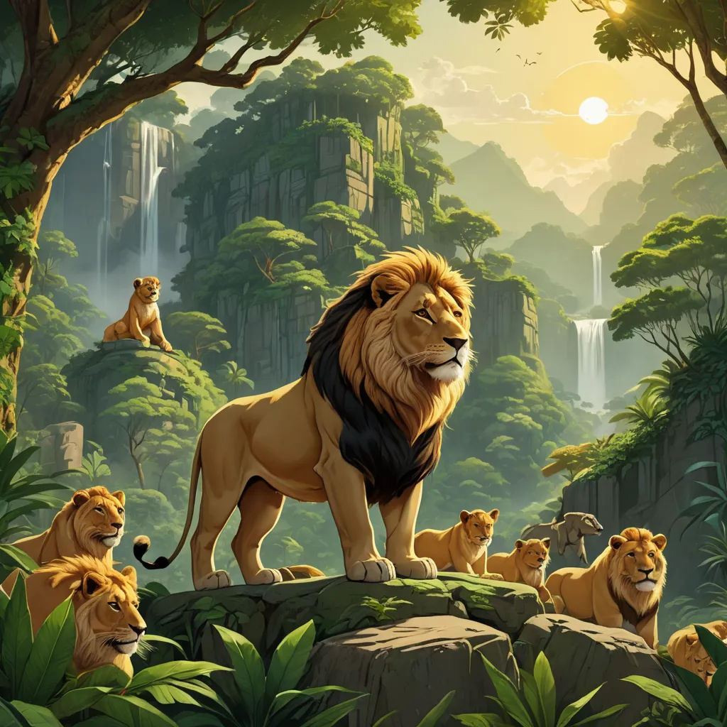 a lion standing on a rock in the jungle with other lions around it and a waterfall in the background, fantasy art, a detailed matte painting, Chris LaBrooy, official art
