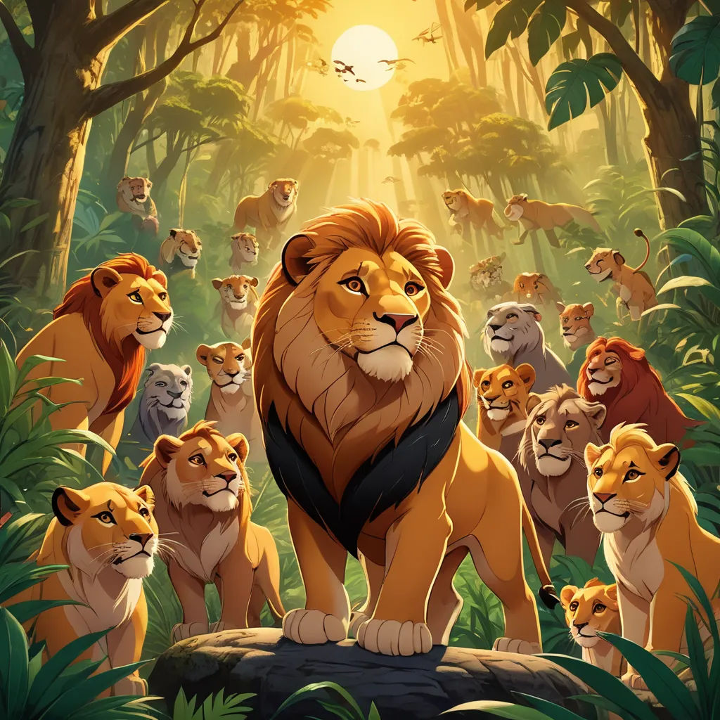 a lion standing in front of a group of lions in the jungle with a sun shining through the trees, sots art, an album cover, Chris LaBrooy, official art