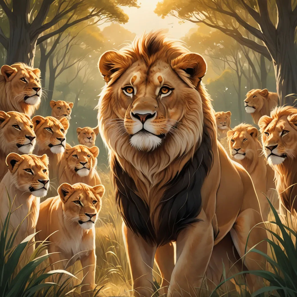 a painting of a lion surrounded by other lions in a forest with trees and grass in the background,, furry art, an oil painting, Chris LaBrooy, furaffinity