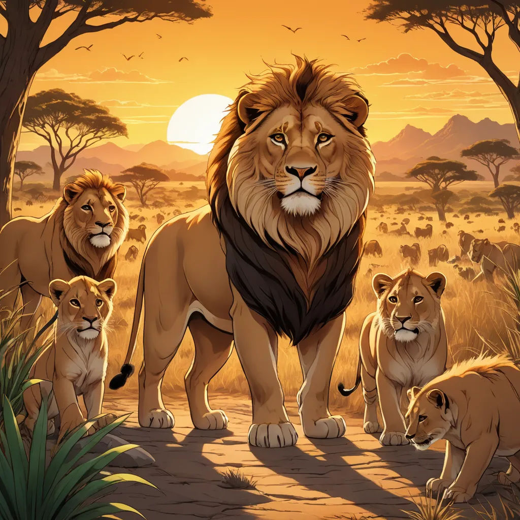 a group of lions standing in the middle of a forest at sunset with a lioness in the background, furry art, a picture, Altoon Sultan, official art