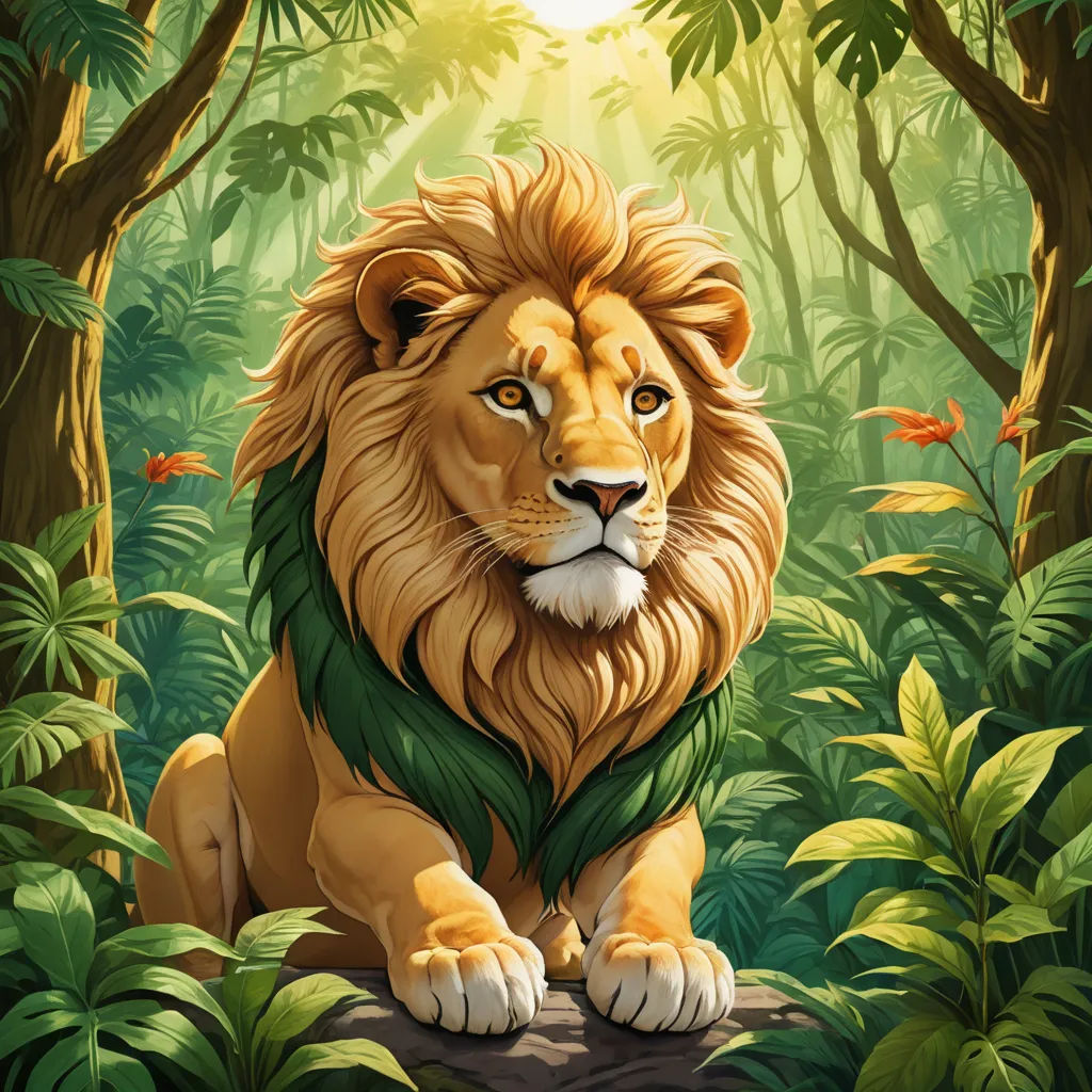 a lion sitting in the middle of a jungle with a bright light behind it and a fish swimming in the water, fantasy art, a digital painting, Chris LaBrooy, trending on art station
