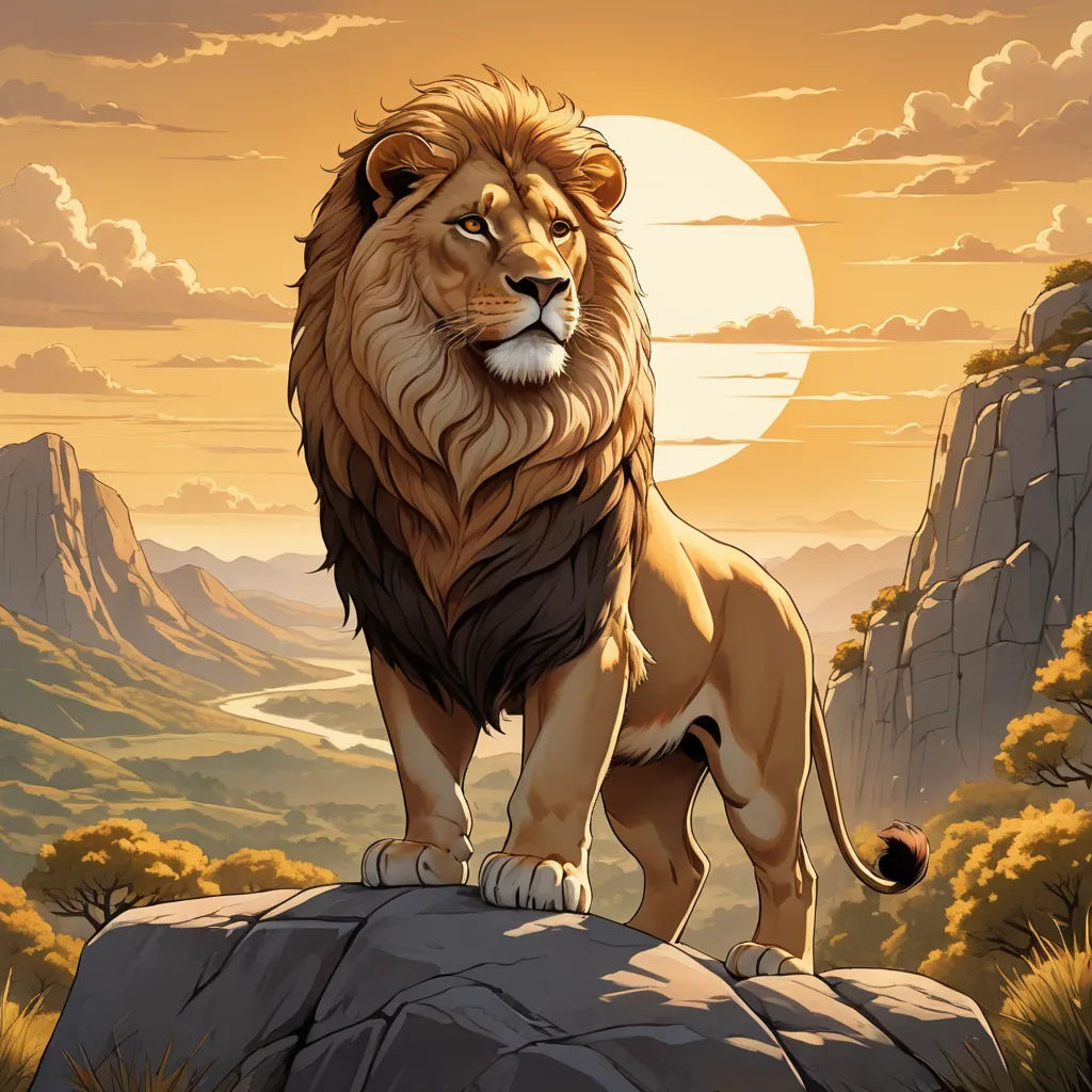a lion standing on a rock in the wilderness with a sunset in the background and clouds in the sky, fantasy art, an airbrush painting, Chris LaBrooy, majestic