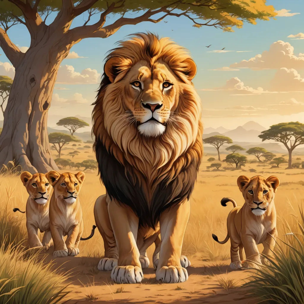 a painting of a lion family in the wild with a tree in the background and a sky background with clouds, furry art, a digital painting, Chris LaBrooy, highly detailed digital painting