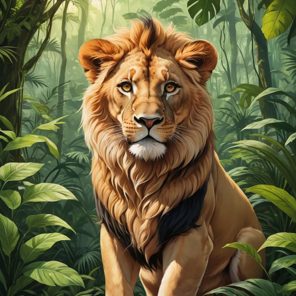 a painting of a lion in a jungle setting with green plants and trees around it, with a blue eye, furry art, a digital painting, Chris LaBrooy, highly detailed digital painting