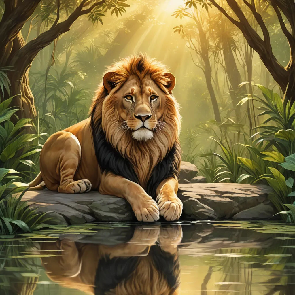 a lion sitting on a rock in a forest next to a body of water with trees and bushes around it, fantasy art, a digital painting, Anne Stokes, majestic