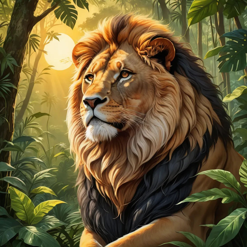 a lion in the jungle with the sun shining through the trees behind it and a background of leaves and trees, fantasy art, a digital painting, Chris LaBrooy, highly detailed digital painting
