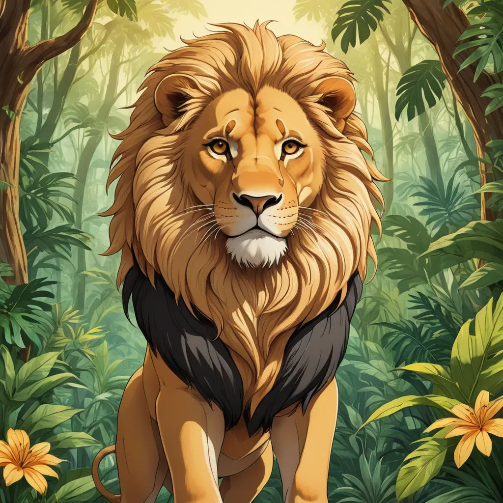 a lion in the jungle with flowers and trees in the background, digital painting, illustration, color, realistic, realistic, realistic, realistic, realistic, realistic, realistic, realistic, realistic, realistic, realistic, realistic, furry art, a character portrait, Chris LaBrooy, official art